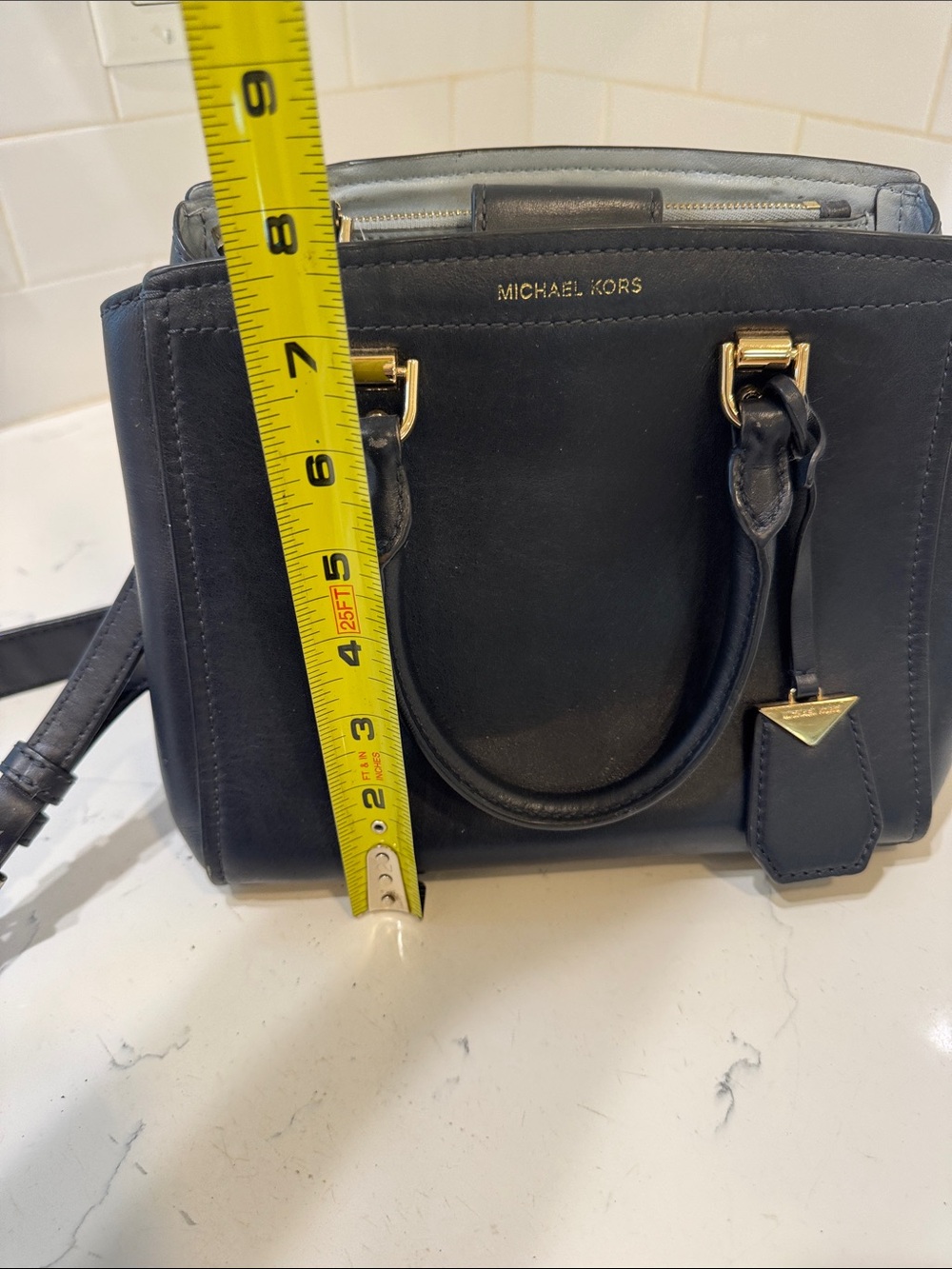 Michael Kors Navy Leather Satchel with Gold Hardware - Picture 16 of 16